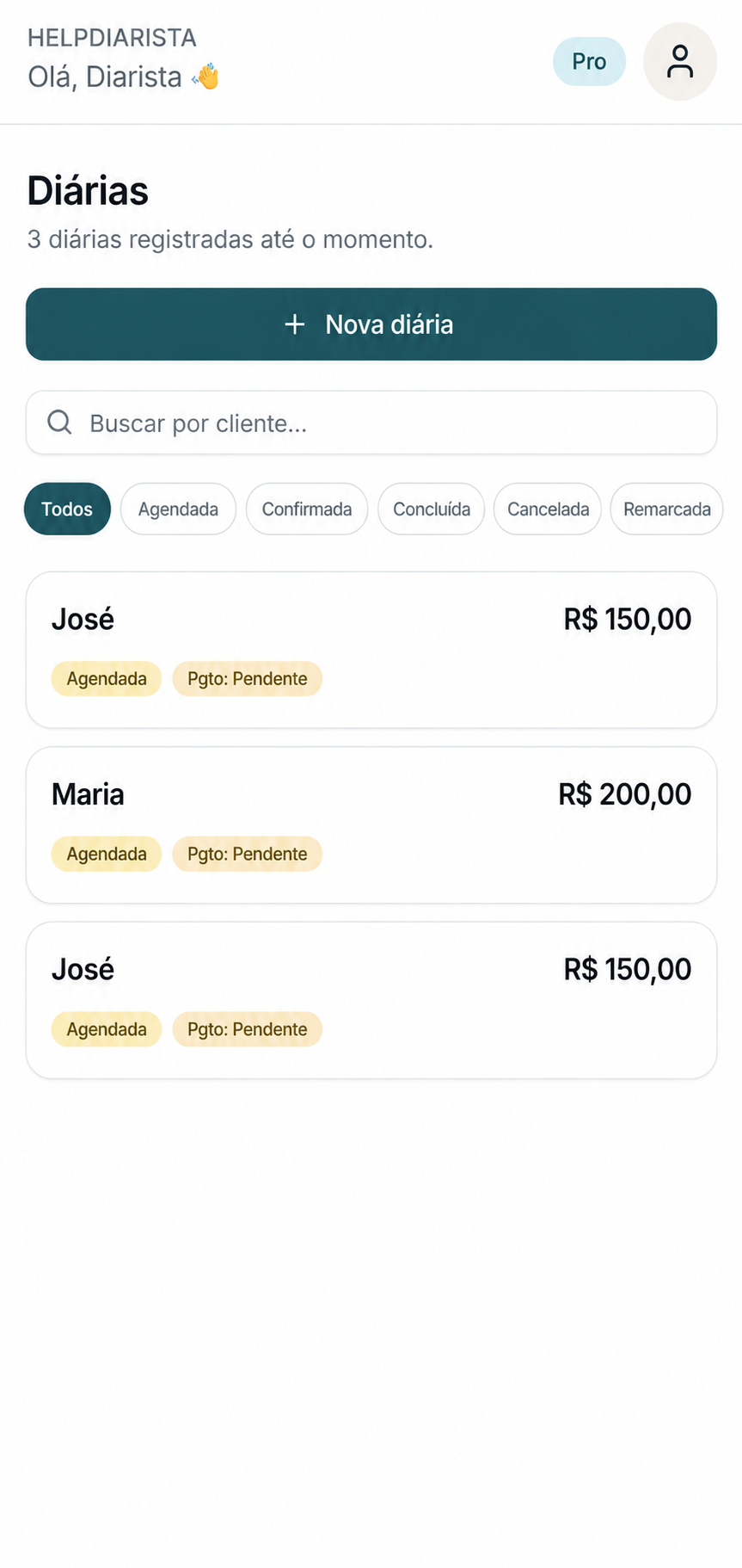 Tela de diárias organizadas do HelpDiarista