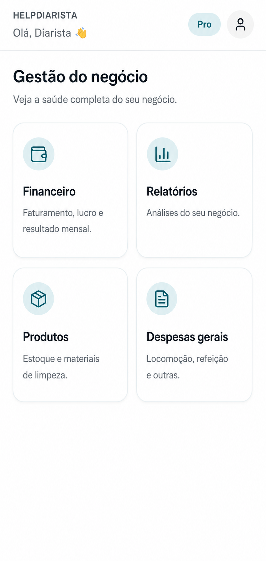 Tela de gestão do negócio do HelpDiarista